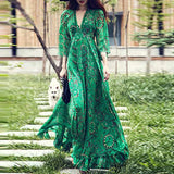 Mqtime Fashion Chiffon Print Half Sleeve Green Dress Women Spring Floral Ruffles Bohemian Long Dresses Female Casual V-Neck Maxi Dress