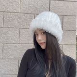 Mqtime Winter Warm Furry Beanies Hat Hair Knitted Cap Fluffy Fur Couple's Hat Women Warm Ear Protection Cap Thickened Casual