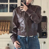 MQTIME  -  Short Punk Biker Jacket Women Stylish High Street Zip Up Faux Leather Cropped Coat