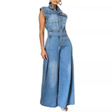 MQTIME  -  Washed Denim Jumpsuits Women Fashion Lapel Button High Waist Sleeveless Jumpsuit Streetwear Spring Summer New Female Clothing