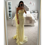 MQTIME  -  Stunning Yellow Mermaid Prom Dress Crystal Strapless Evening Dresses Elegant Side Ruffle Formal Dresses for Women