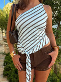 MQTIME  -  Chic Striped One Shoulder Top Women Sexy Sleeveless Tie Waist Slim Fit Asymmetric Blouse Casual Summer Lady New Party Tops
