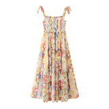 MQTIME  -  Printing Boho Dress Lace-up Straps Maxi Dress A-line Floral Pleated Vestidos Chiffon Holiday Dresses Hippie Robes
