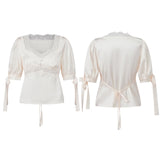 MQTIME  -  Women Summer Elegant Satin Silk Tops Lace Patchwork Adjustable Ribbon Tied Short Puff Sleeves Sweatheart Neck Blouse