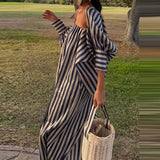 MQTIME  -  Fashione Strapless Backless Formal Banquet Dress Elegant Batwe Sleeve Slit Tube Dress Retro Striped Printed Off Shoulder Dress