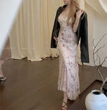 MQTIME  -  Sexy Pink Floral Printing Strap Mermaid Maxi Dress Women Lace Trim Summer V Neck Bow Slim Romantic Vacation Bag Hip Long Dress