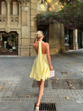 MQTIME  -  ﻿ Yellow Lace Women Short Dress Sexy V Neck Halter Sleeveless Backless Party Gown Summer Chic Beach Holiday Lady Vestidos