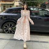 MQTIME  -  2024 Large Spring French Vintage Sweet Fragmented Flowers High Waist Slimming Chiffon Embroidered Dress Long sleeved Long Skirt