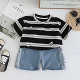 MQTIME  -  2Piece Sets Summer Toddler Boy Outfits Korean Fashion Stripe Cartoon Short Sleeve Baby Tops+Denim Shorts Kids Clothes BC2129