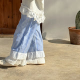 MQTIME  -  Spring Children Girl Straight Pant Loose Lace Floral Hem Belle Girl Wide Leg Pant Cotton Plaid Casual Toddler Girl Trousers