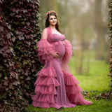 MQTIME  -  Unique Maternity Photography Dress Pink Tulle Ruffle Long Sleeve Mermaid Gown for Pregnant Women Photo Shoot Outfit