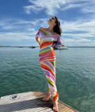 MQTIME  -  Colorful Stripe Maxi Dress Women Chic Off Shoulder Long Sleeve Tulle See Through Slim Dresses Summer Lady Vacation Robes