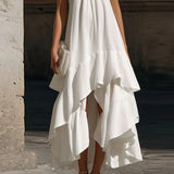 MQTIME  -  Simple White Sexy Halter Off Shoulder Party Dress Women Spring Solid Loose Ruffles Irregular Dress Summer Sleeveless Boho Drsses
