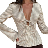  MQTIME  -  Striped Deep V-Neck Lace-Up Waist Shirt Flared Long Sleeve Cardigan Casual Top