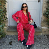 MQTIME  -  Striped Shirts Pants Sets Women 2 Pieces Single Breasted Long Sleeve Lapel Shirt Wide Leg Trousers Suits 2025 Summer Vacation