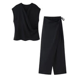 MQTIME  -  Summer Women's New Suits Solid V-Neck Sleeveless Off Shoulder Top+Side Bow Lace-Up Decoration Elastic Waist Pant Mujer