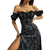 MQTIME  -  2024 Summer New European And American Women's Sexy Elegant Fashion Off-the-shoulder Mid-length Floral Dress