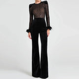 MQTIME  -  Women Patchwork Velvet Slim Party Rompers 2025 Long Sleeve Feather Combination Luxury Lattice High Waist Wide Leg Long Jumpsuit