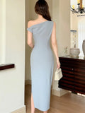 MQTIME  -  Elegant Solid Bodycon Evening Party Dresses Fashion Diagonal Collar Off Shoulder Prom Vestidos Summer Korean Female Clothing New