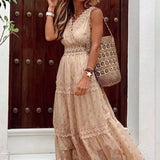 MQTIME  -  Summer New Sexy Deep V-neck Female Vestidos Simple Solid Color Women Sleeveless Chiffon Lace Edge Dress