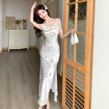 MQTIME  -  2024 Summer New Retro Folded Split Printed Satin Sling Dress Women's Feeling Swinging Neck Fragmented Flower Long Dress