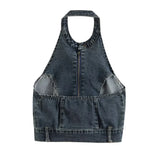 MQTIME  -  2024 Summer New Product Women's Vintage Personalized Denim Tank Top with Hanging Neck Slim Fit Top