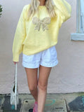 MQTIME  -  New Embroidered Lace Bow Sequins Pullover Sweater Loose Slim Women's Top Fashion Long Sleeve Soft Yellow Blouse Casual Commuting