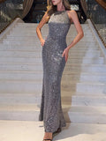 MQTIME  -  Temperament Luxury Sleeveless Sequins Evening Dress Elegant Lady O-neck Slim Banquet Dress Summer New Solid Color Wrap Hip Dress