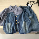  MQTIME  -  Set Spring/summer New Childrens Clothing Korean Style Boys and Girls Fashion Check Shirt Denim Vest Pants Three-piece Set