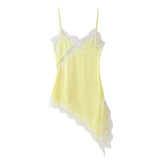  MQTIME  - Irregular Lace Stitching Mini Dress Women Satin Off Shoulder Sleeveless See Through Short Dresses Sexy Casual Summer Party Gown