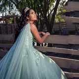 MQTIME  -   Sage Green Quinceanera Dress Ball Gown With Cape Crystal Sweet 15 Vestidos  Prom Pageant Gowns Corset