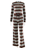  MQTIME  -  Fashion Striped Knitted Two-Piece Set For Women Round Neck Cardigan Top High Waist Straight-Leg Pants Casual Set 2026