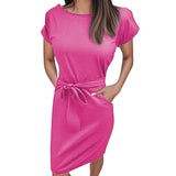 MQTIME  -  Summer Women Versatile Dress With Belt Casual Short Sleeve Round Neck Fashionable Dress Outfits Holiday Midi Sundress Vestidos