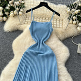 MQTIME  -  Summer New Knitted Pleated Long Dress High Waist Midi Sling Dresses Elegant Sleeveless Women Streetwear Black Bodycon Vestidos