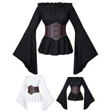 MQTIME  -  Medieval Renaissance Fashion Women's Gothic Flare Sleeve Corset Shirts Elegant Off Shoulder Solid Color Tunic Waist White Shirts