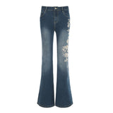 MQTIME  -  Chic Rose Embroidered Gradient Slightly Flared jeans for Women Slim Low Rise Dragging Denim Pants Casual Elegant Fashion Trouser