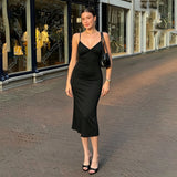  MQTIME  -  Women Black Midi Dress Spaghetti Strap Bodycon Backless Cut Out Sleeveless Elegant Party Evening Dress Slim Fit Sexy High Waist