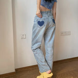 MQTIME  -  Women Chic Love Heart High Waist Wide-leg Pants 2024High Street Fashion Washed Jeans Spring Summer Casual Female Straight Jeans