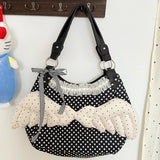  MQTIME  -  Y2K Reversible Angel Wing Polka Dot Tote Bag Baddie Girls Edgy Cute Sweet Shoulder Bag, Women Large Lightweight Canvas Handbag