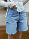 MQTIME  -  Women Baggy Denim Pants Summer High Waist Korean Streetwear Ripped Jeans Woman Vintage Blue Button Jeans Shorts