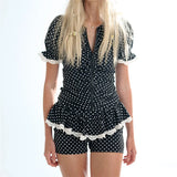 MQTIME  -  Women Summer 2Piece Y2k Lace Trim Gingham Plaid Print Outfits Set Puff Sleeve Zip-up VNeck Ruched Slim T-Shirt+Ruffle Hem Shorts