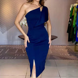 MQTIME  -  Slant neck commuting daily dress solid color asymmetrical slim casual women's dress temperament high waist slit dress