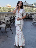  MQTIME  -  Chiffon Printed Ruffle Skirts Sets Women V-neck Short Puff Sleeve Button Cropped Shirt Slim Mermaid Skirt Summer Party Suit