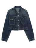  MQTIME  -  Women Dark Blue Denim Coat Heart Pattern Outerwear Long Sleeve Single Breasted Jacket Spring Female Chic Top Coats