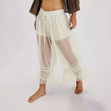 MQTIME  -  Women Ruffle Long Bloomers Y2K Sheer Ruffle Lace Patchwork Drawstring Pettipants Cropped Flare Slips Pants Streetwear