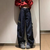  MQTIME  -  Vintage Spliced Leopard Pockets Jeans Loose Wide-Leg Denim Pants Safari Hip Hop Spliced Casual Punk Grunge Trouswers Korea Women