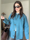MQTIME  -  Women's Contrast Lapel Collar Cargo Jacket Chic Single Breasted Loose Full Sleeve Casual Coat Autumn Lady Fashion Outwear