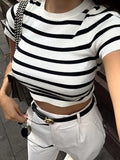 MQTIME  -  Vintage Women Striped Short Tshirts Fashion Ladies Slim Knitted Crop Tops for Womens Casual Tees Female Clothes Chic
