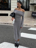 Mqtime Sexy Off Shoulder Knit Long Dress Women Fashion Solid Long Sleeve Slim Dresses Autumn Party Vacation Lady Warm Vestidos