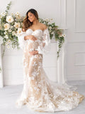 MQTIME  -  Bohemian Lace Maternity Evening Robes for Photo Shoot Fotos Gowns Long Sleeve Nightgown Baby Shower Dresses for Bride Party